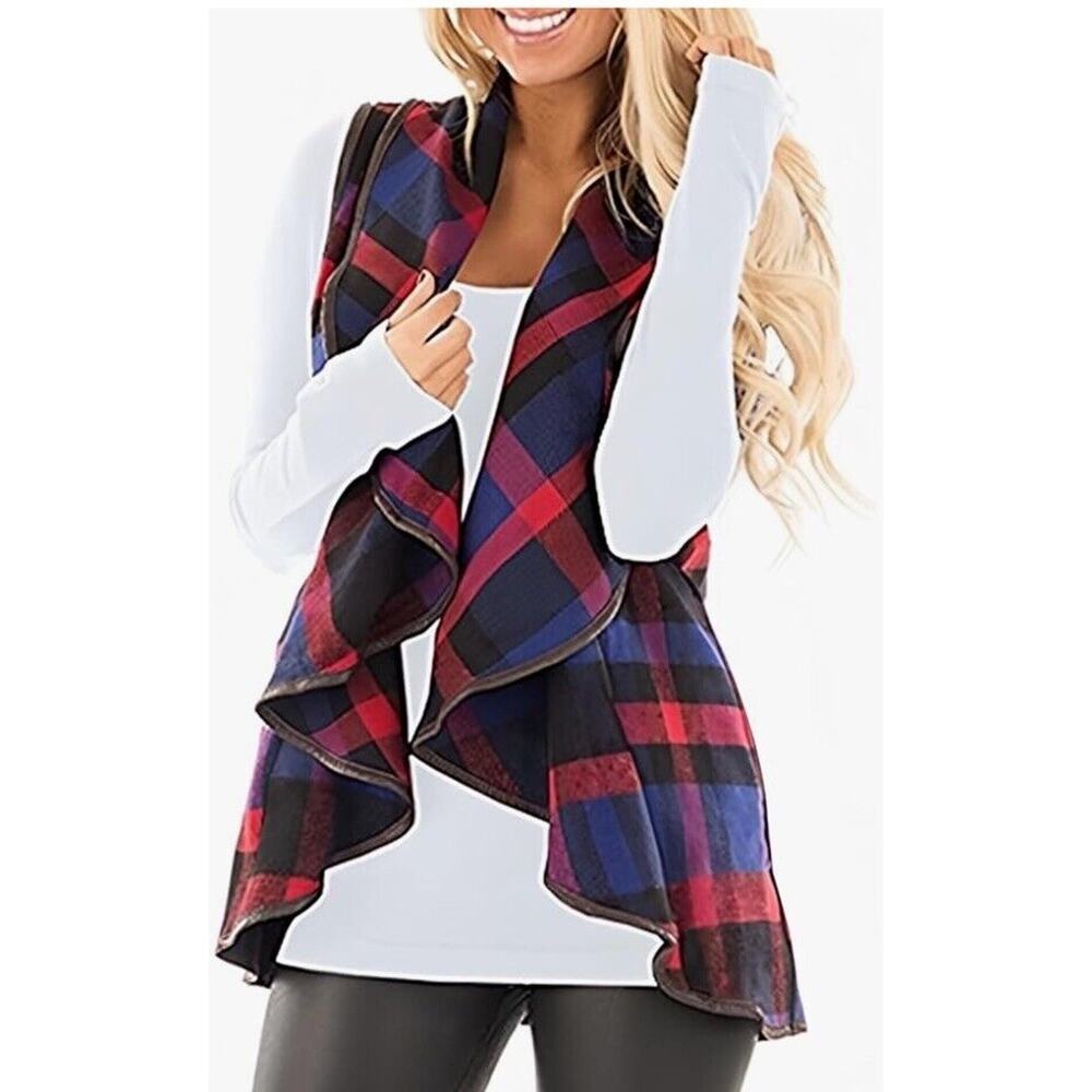 Unidear Buffalo Plaid Open Front Sleeveless Vest W Pockets Womens S New